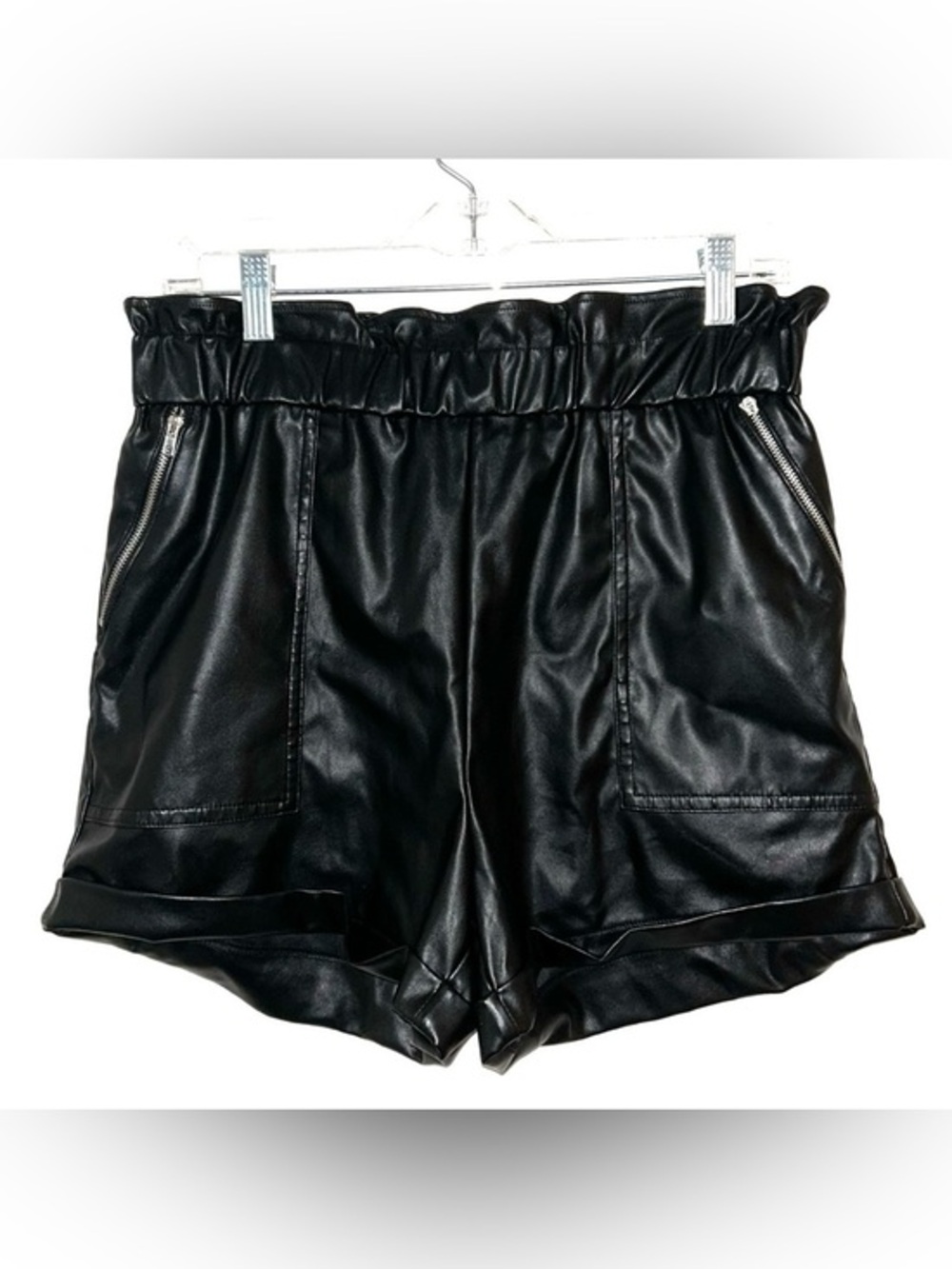 Black Faux Leather Paperbag Waist Shorts